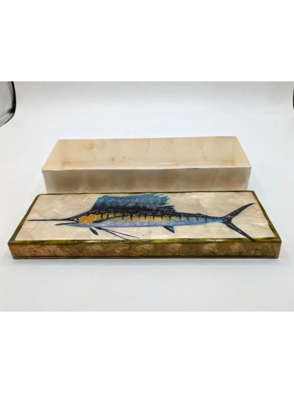 Vintage Hand Painted Swordfish Capiz Shell Long Trinket Box Philippines 9